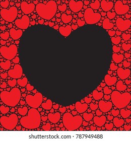 Big black heart on the small red hearts background. Happy Valentine's day card. Vector illustration.