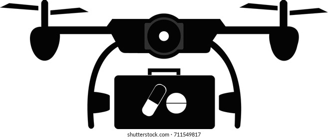 Big Black isolated drone icon with first aid medicine kit. For logo, icon, vector, on white background