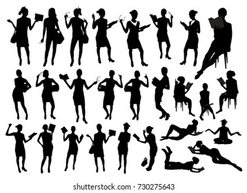 Big black isolated women reading books figures silhouettes set. School and university group of people.