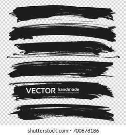 Big black long thick brush strokes set isolated on imitation transparent background