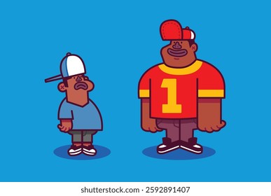 Big Black Man Wearing a Red Jersey and a Red Hat and a Small Black Man Wearing a Blue Shirt and a Blue Hat