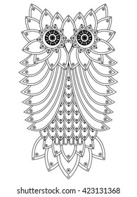 Big black ornamental owl outline isolated on a white background, cartoon vector illustration