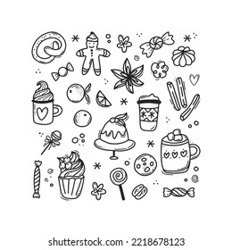 Big black outline collection of Christmas hand drawn illustrations with Xmas sweets, candy, cake, cinnanom, hot drinks, snowflakes. Winter holidays design elements. Doodle line art illustration.