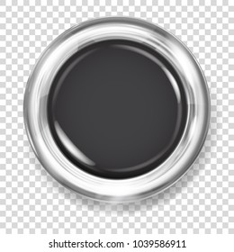 Big black plastic button with silver metallic border
