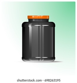 big black plastic jar with orange cover on a light green background vector