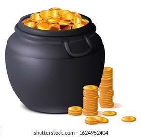 Big black pot full of gold coins. Treasure luck St. Patrick's Day. Isolated on white vector cartoon illustration
