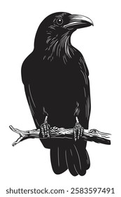 Big black raven sitting on a dry tree branch. Vector drawing of a bird isolated on a white background.