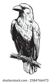 Big black raven sitting on a dry tree branch. Vector drawing of a bird isolated on a white background.