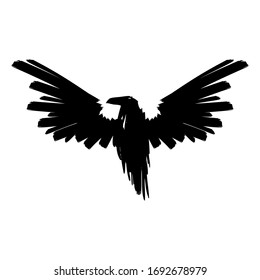 Big black raven spread the wings. Flying crow silhouette. Vector stock illustration isolated on a white background.