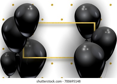 Big black realistic balloons vector concept. Beautiful gold glitter frame, dot pattern, flyer party card template with space for text, isolated on white. Vector beautiful helium balons, gold frame.