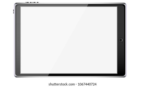 Big black realistic mobile smart touch-sensitive slim tablet computer frame with metal face with glossy blank glowing screen isolated on white background. Vector illustration