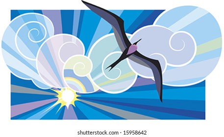 Big black sea-bird Fregata Magnificens flying in the sunburst.