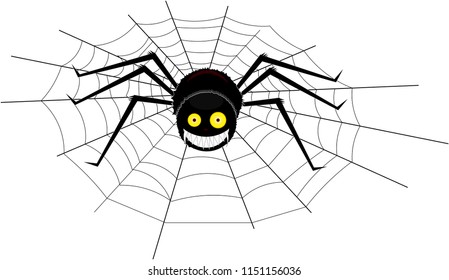 Big black smiling spider sitting on a cobweb on an isolated white background.