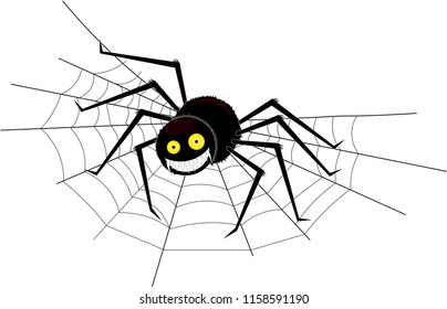 Big black smiling spider sitting on a cobweb in the corner, on an isolated background.