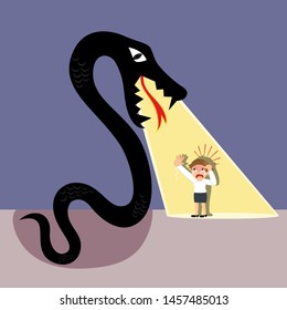 Big black snake chasing businesswoman, illustration vector cartoon