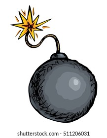Big black sphere sparkle bombshell cord lit icon isolated on white backdrop. Freehand bright color hand drawn picture sign sketch in art scribble retro style. Closeup view with space for text