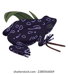 Un gran sapo negro se sienta sobre la hierba. Rana exótica con piel estampada. Grana tropical, animal anfibio, habitante de pantano, hábitat de jabalíes silvestres. Fauna del terario. Ilustración vectorial aislada plana en blanco