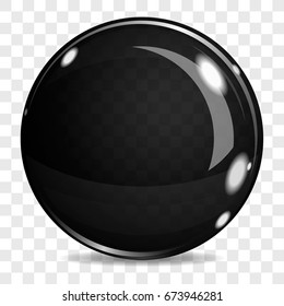 Big black transparent glass sphere with glares and shadow, on a plaid background.
