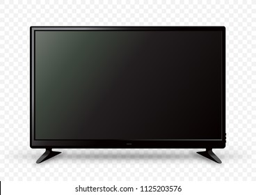 Big Black TV Icon Template On Two Holders With Shadow On White Transparent Background. Television LED Display Screen. Flat Media Technology Eletronic Equipment. LCD Computer Monitor