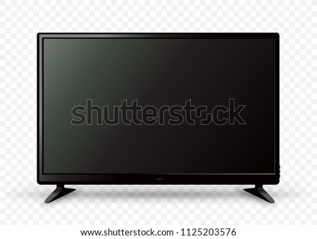 Big black TV icon template on two holders with shadow on white transparent background. Television LED display screen. Flat media technology eletronic equipment. LCD computer monitor