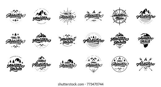 Big black and white Adventure lettering set logos. Vintage logotype with mountains, bonfires and arrows.  Vector logos for your design.