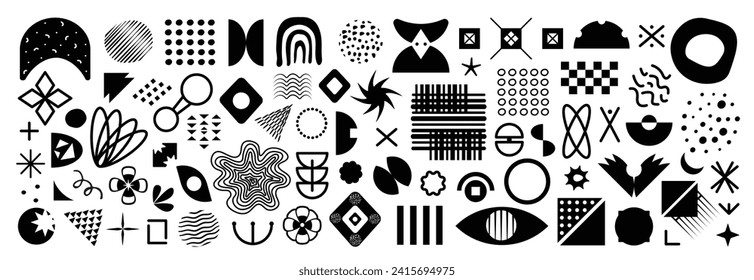 Big black and white brutalist elements set, monochrome memphis design geometric shapes, brutal primitive figures of swiss design, vector forms and shapes of y2k style