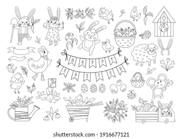 Big black and white collection of design elements for Easter. Vector outline set with cute bunny, eggs, bird, chicks, baskets. Spring funny illustration or coloring page. Adorable holiday icons
