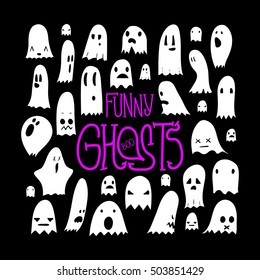 Big black and white set of cartoon spooky scary ghosts character, hand-drawn ghosts with various expressions, funny night symbol for halloween celebration, isolated square frame, EPS 8