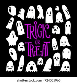 Big black and white set of cartoon spooky scary ghosts character, hand-drawn ghosts with various expressions, funny night symbol for halloween celebration, isolated square frame, trick or treat