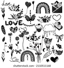 Big Black and white set for St. Valentine's day, flowers, cupcake, hearts, leaves, rainbows, air balloon, bouquet flowers, Love. Isolated a white background. Flat icon set. Vector illustration.