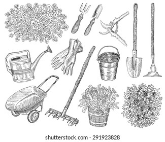 Big black and white set with vintage garden tools, clover pattern and shrub of black currant, hand drawn design elements