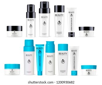Big black and white or sky blue shampoo bottle, deodorant can, cream tube, cream, powder jar conditioner gel cosmetic bottles set. Vector mockup template packaging. Quality skin and hair care produc