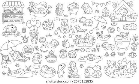 Big black and white vector capybara set. Cute line capibara animals coloring page with bath, fruit, reeds, birds. Funny guinea pigs meditating, sleeping, relaxing, swimming with tangerines