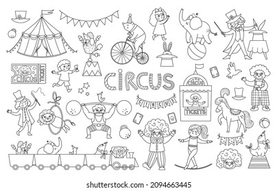 Big black and white vector circus set. Street show animals, tent, artist collection. Amusement holiday line icons pack. Bear on bike, clown, gymnast, athlete, magician coloring page
