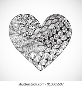 Big black and white zentangle heart with ornament isolated on white background. Vector illustration.
