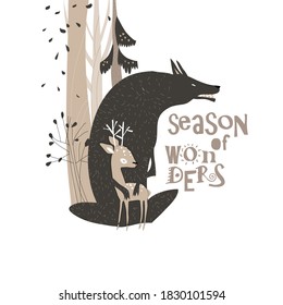Big black wolf hugging little deer in autumn forest