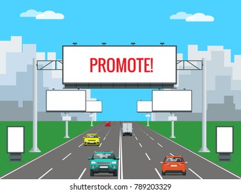 Big Blank Billboard, Poster, Board, Banner template with urban landscape. Large promotional banner with cars and city street houses.