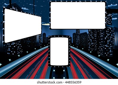 Big blank billboards in the city at night near road.