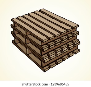 Big blank brown tray palet set on white backdrop. Freehand black ink outline hand drawn logistic object move logo pictogram emblem in modern art doodle style pen on paper space for text. Closeup view
