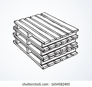 Big blank brown tray palet set on white backdrop. Freehand black ink outline hand drawn logistic object move logo pictogram emblem in modern art doodle style pen on paper space for text. Closeup view