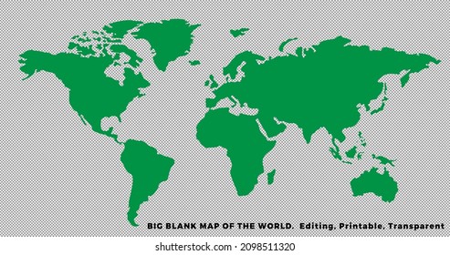 Big Blank MAP OF THE WORLD, Green Color, Editing, Printable, Transparent