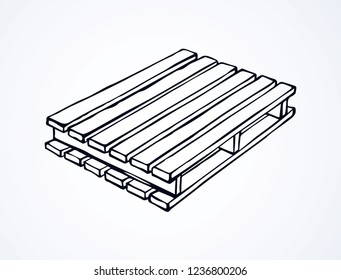 Big blank tray pallet on white backdrop. Freehand black ink outline hand drawn logistic object move logo pictogram emblem in modern art doodle style pen on paper space for text. Closeup view