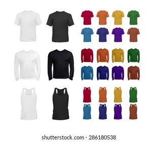 Big blank t-shirt and top collection for men, realistic vector eps10 illustration.