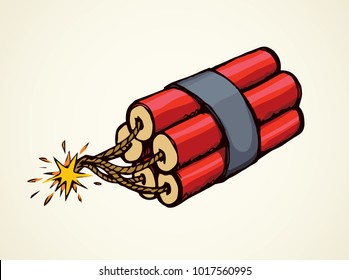 Big blast cable cord wick grenade bombshell bundle on white backdrop. Bright red color hand drawn fight object picture. Caution safety logo pictogram concept in retro doodle style with space for text
