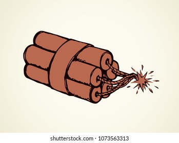 Big blast cable cord wick red grenade bombshell bundle on white backdrop. Line black ink hand drawn fight object picture logo pictogram concept in retro scribble style pen on paper with space for text