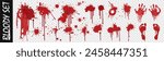Big bloody vector set of blood marks, stains and footprints. Spatters blood, traces bloody hands and feet. Smudges and pools blood on transparent background. Creative bloody set for scary video games