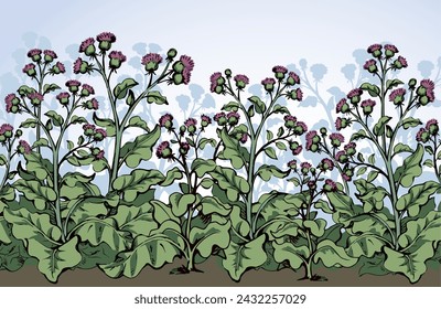 Big blooming burdock. Vector drawing