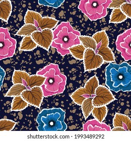 Big Blütenblau und Rosa mit botanischen Blättern auf dunkelblauem Batik-Hintergrund nahtloses Muster, Vektorgrafik EPS10 , Design für Mode, Stoff, Textilien, Tapete, Umhüllung 