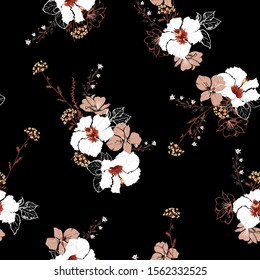 Big blooming hibiscus flowers and botanical plants hand drawn style seamless pattern vector design for fashion ,fabric, web,wallpaper and all graphic type on black