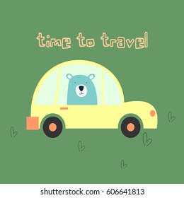big blue bear riding car ready to travel. awesome t-shirt, mug, bag lunchbox, wallpaper, wrapper, poster and banner flat design for kids. vector illustration